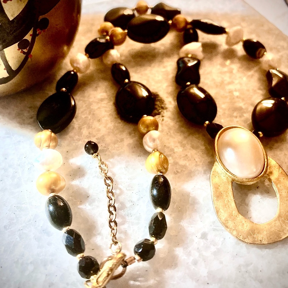 Classic Black and Gold Beaded Necklace with Pendant